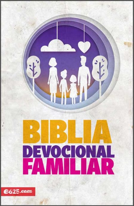 ** Ilustración de una familia en siluetas bajo el título "Biblia Devocional Familiar", con un fondo púrpura y elementos decorativos.