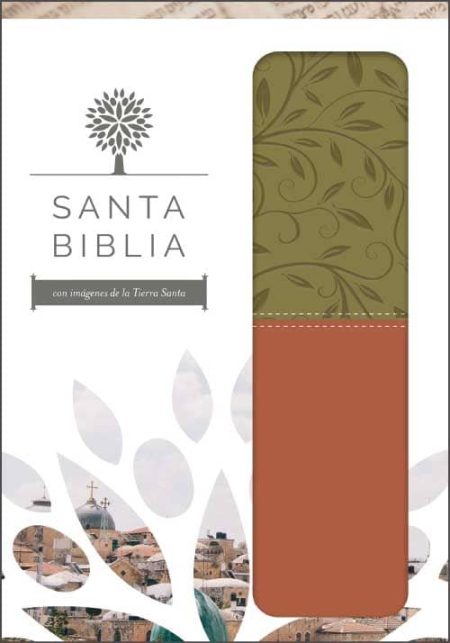 ** Portada de una edición especial de la Santa Biblia con diseño vegetal y los paisajes de la Tierra Santa en la parte inferior.