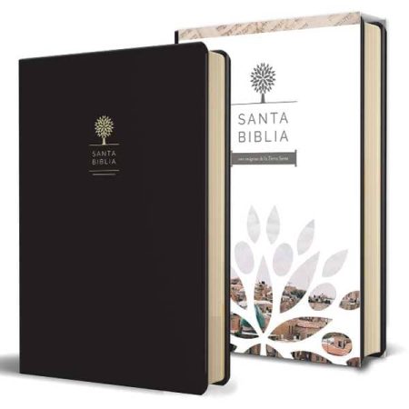 ** Dos ejemplares de la Santa Biblia, uno con una cubierta negra y otro con una cubierta blanca decorada con un diseño gráfico floral.