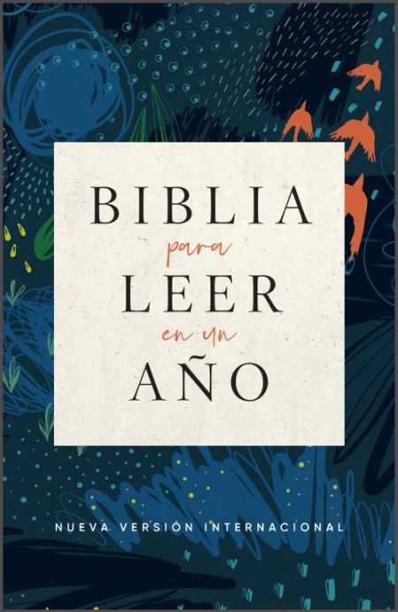Biblia para Leer en un Año" en la Nueva Versión Internacional, con un diseño abstracto azul y naranja.
