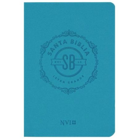 ** Portada de una Biblia con tapa azul turquesa, con las palabras "Santa Biblia" y "NVI" impresas en ella.