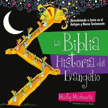 ** Portada colorida del libro "La Biblia: Historia del Evangelio" con ilustraciones llamativas y textos en verde, morado y blanco.