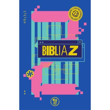 ** Portada de un libro titulado "Biblia Z" con estilo gráfico moderno en colores azul, rosa y amarillo.