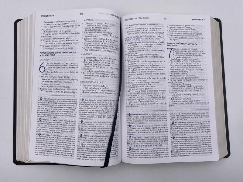 ** Una Biblia abierta mostrando los capítulos 6 y 7 de Proverbios.