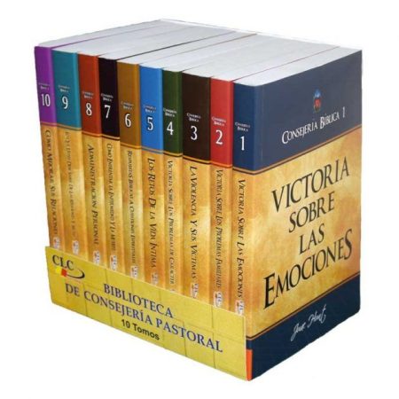 ** Juego de libros de la Biblioteca de Consejería Pastoral que incluye 10 tomos en colores variados, destacando "Victoria sobre las emociones".