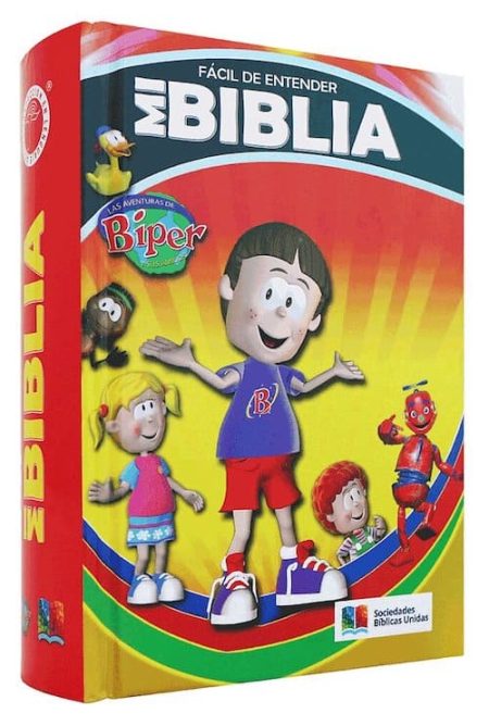 ** Libro infantil titulado "Fácil de Entender: Mi Biblia" con ilustraciones de personajes animados.