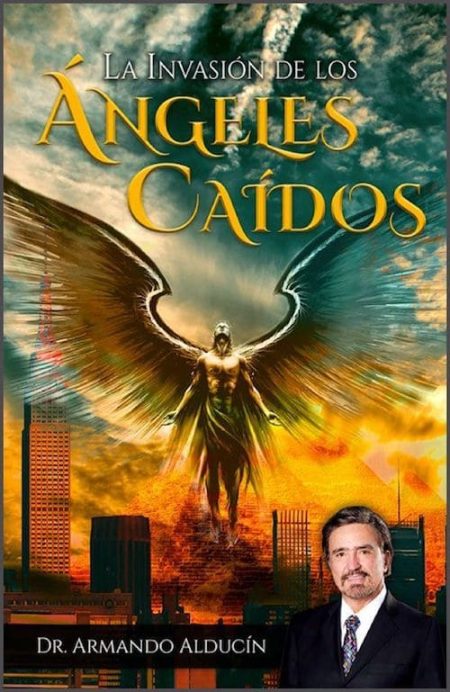 La Invasión de los Ángeles Caídos" con un ángel alado sobre una ciudad y un retrato del autor en la esquina inferior.