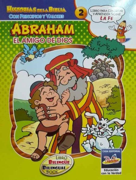 ** Portada de libro infantil "Abraham: El amigo de Dios" con personajes dibujados.