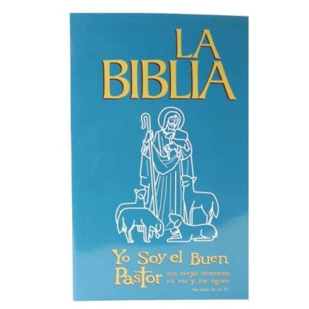 ** Portada de una Biblia en color azul con un dibujo de un pastor rodeado de ovejas y el texto "Yo Soy el Buen Pastor".
