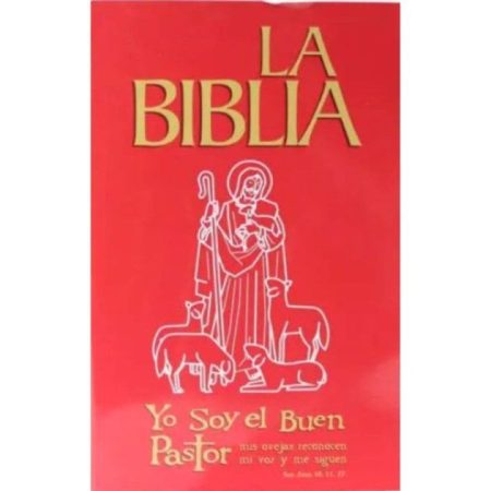 ** Portada de la Biblia con fondo rojo y dibujo de Jesús como el Buen Pastor rodeado de ovejas.