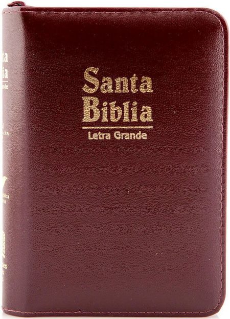 ** Una Biblia de tapa marrón con las palabras "Santa Biblia Letra Grande" en la portada.