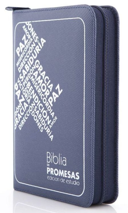 ** Estuche azul con cierre para Biblia de Promesas, con palabras inspiradoras en su cubierta.