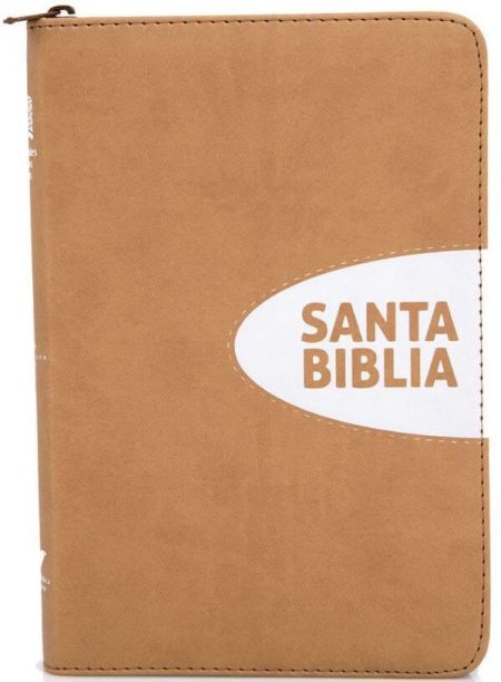 ** Portada de la Santa Biblia con tapa de cuero marrón y cierre de cremallera.