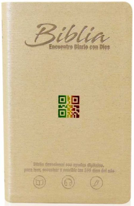 ** Portada de un libro religioso titulado "Biblia Encuentro Diario con Dios" con un código QR en el centro.