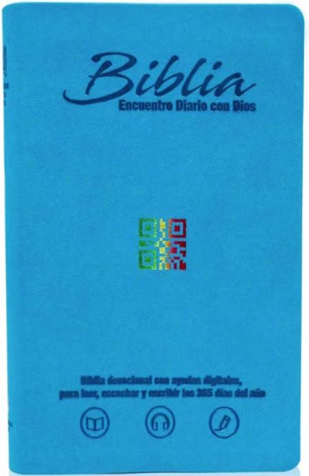** Portada de una Biblia azul con el texto "Encuentro Diario con Dios" y un código QR multicolor.