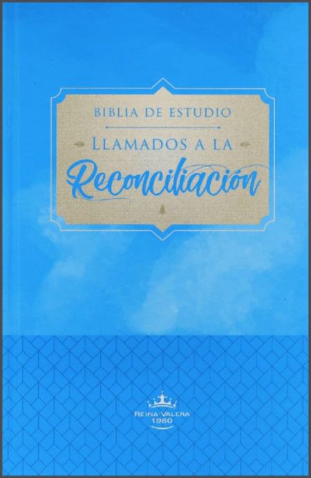 ** Portada de la "Biblia de Estudio: Llamados a la Reconciliación" con fondo azul y un diseño geométrico.