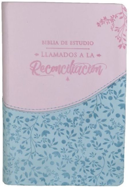 ** Imagen de una Biblia de estudio titulada "Llamados a la Reconciliación" con un diseño de portada en colores rosa y azul con motivos florales.