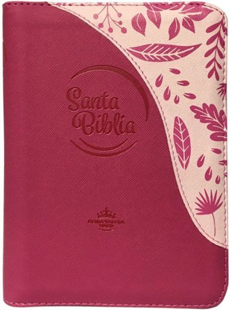 ** Cubierta de una Biblia con diseño de hojas y flores en tonos rosados y beiges.