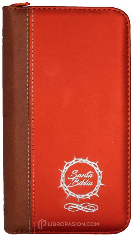 ** Imagen de una Biblia con cubierta de color naranja y marrón, con un diseño de corona de espinas en blanco.