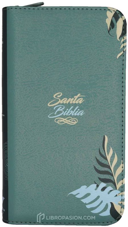 ** Portada de una Biblia verde con detalles florales y texto "Santa Biblia" en el centro.