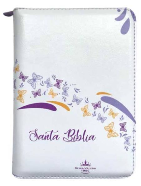 ** Biblia con cubierta blanca decorada con mariposas coloridas y la inscripción "Santa Biblia".