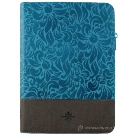 ** Agenda de cubierta azul con diseño abstracto floral en la parte superior y base color marrón oscuro.