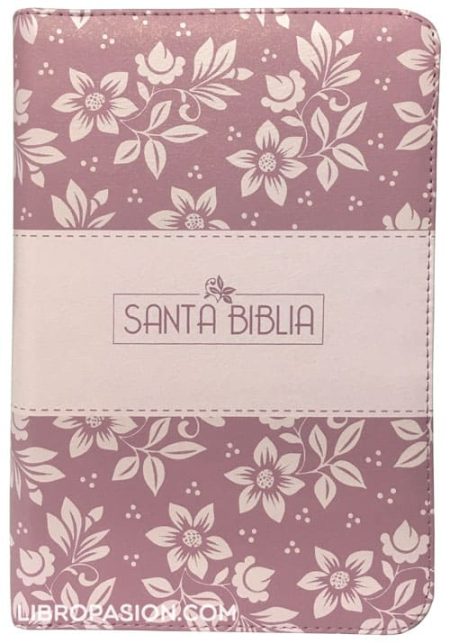 ** Una Biblia de tapa dura con diseño floral en tonos rosa y crema.