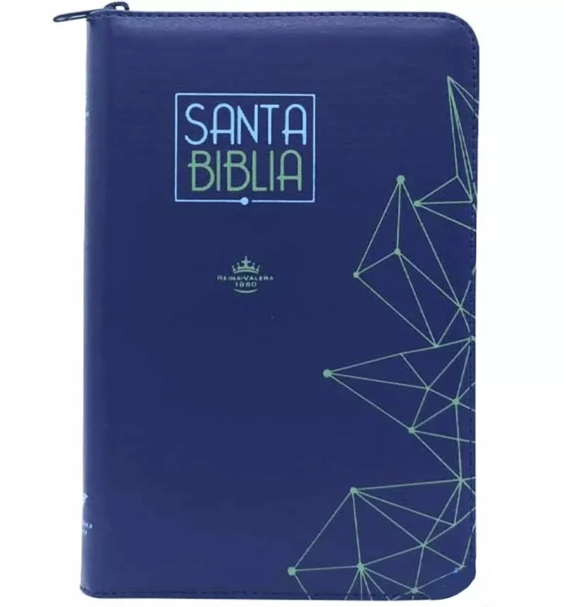 ** Portada de una biblia cristiana de color azul con detalles geométricos en verde y texto "Santa Biblia" en la portada.