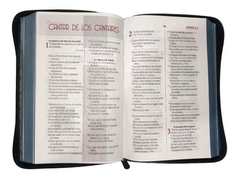 ** Una Biblia abierta en el capítulo del Cantar de los Cantares, mostrando texto en español. La imagen destaca el formato de las páginas, con texto dividido en columnas.