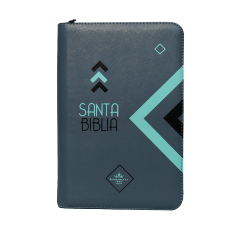 ** Biblia con diseño moderno y geométrico en tonos azul y negro.