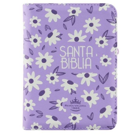 ** Biblia con cubierta de diseño floral morado y blanco.