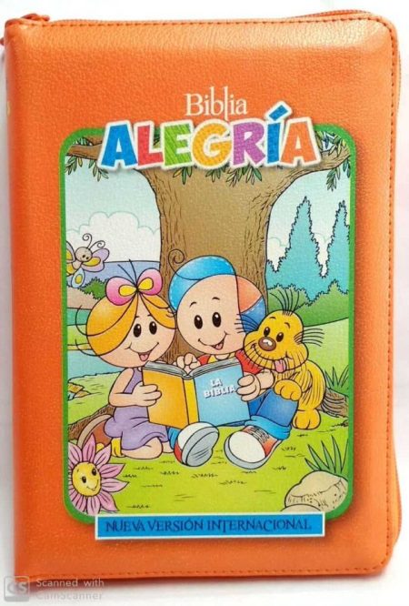 ** Portada de la Biblia Alegría con ilustración de dos niños y un perro leyendo bajo un árbol.