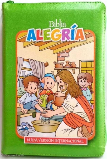 ** Portada de la Biblia Alegría, Nueva Versión Internacional, con una ilustración colorida de Jesús lavando los pies a unos niños en un entorno doméstico.