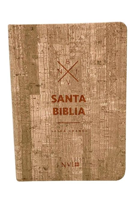 ** Biblia de tapa de corcho marrón claro con texto en letras marrones que dice "SANTA BIBLIA".