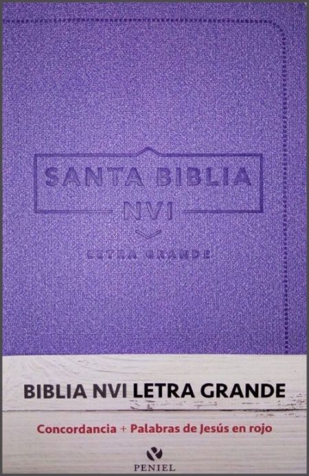  Portada morada de la Biblia NVI en letra grande, con detalles de concordancia y palabras de Jesús en rojo.