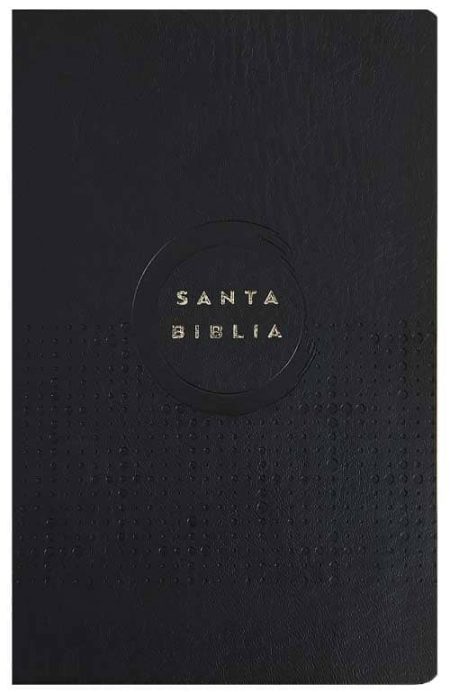 ** Portada de una Biblia negra con el título "Santa Biblia" en letras doradas.