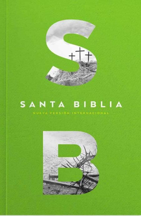 ** Portada de la Santa Biblia Nueva Versión Internacional en fondo verde. Las letras "S" y "B" contienen imágenes en blanco y negro de una escena con cruces y un paisaje árido.