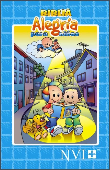 Biblia Alegría para Niños" donde aparecen dos niños leyendo una biblia con un perro al lado, frente a un fondo de casas y un cielo despejado.