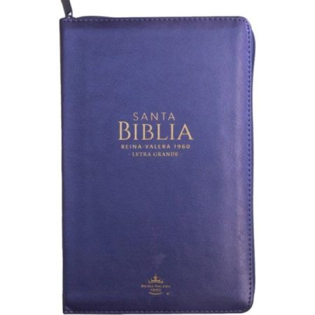 ** Biblia de tapa azul con el título "Santa Biblia" y "Reina-Valera 1960 Letra Grande" en la portada