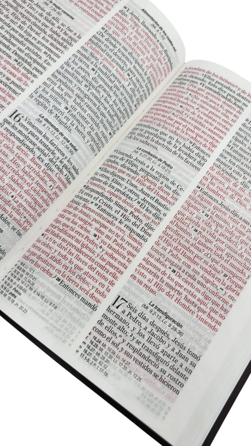 ** Primer plano de una Biblia abierta con texto en rojo y negro.