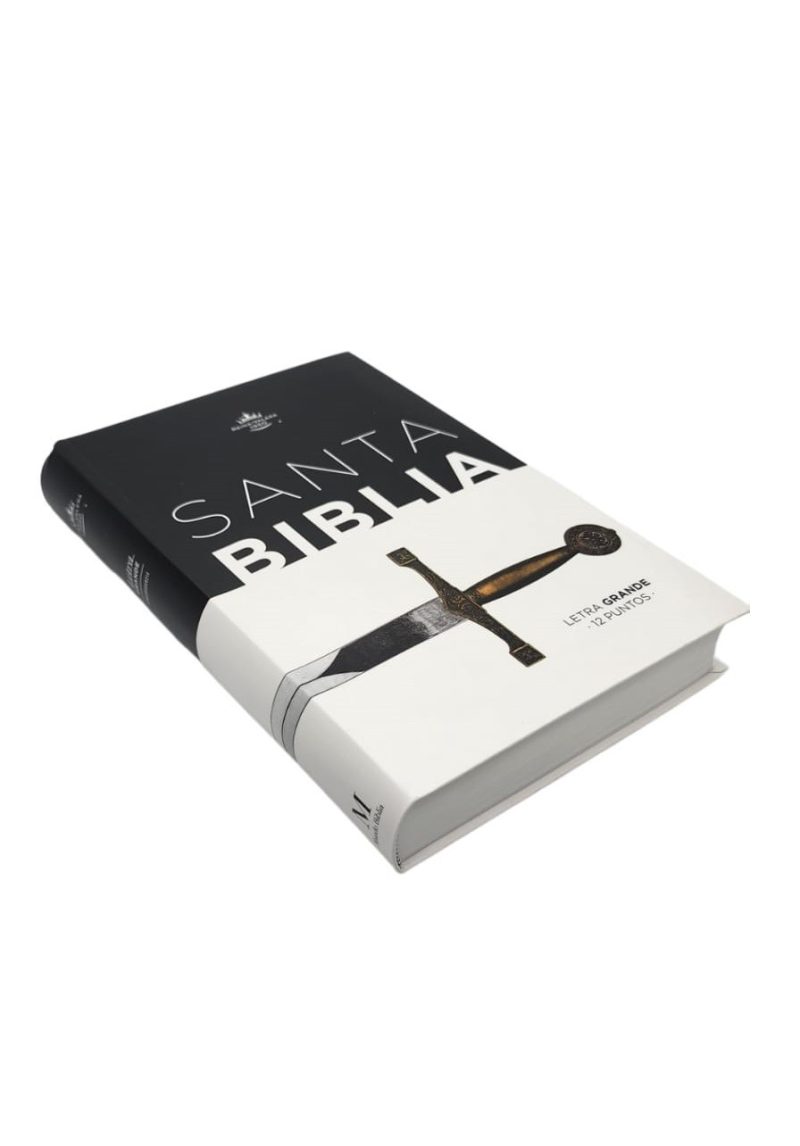 ** Imagen de una Biblia negra con una cubierta decorativa que contiene el texto "Santa Biblia" y la ilustración de una espada en la parte frontal.
