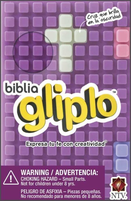 ** Empaque de la Biblia Gliplo con diseño de bloques y una cruz que brilla en la oscuridad.