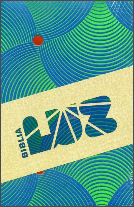 ** Portada de una Biblia con diseño moderno formado por patrones ondulados en tonos verdes y azules, con el texto "BIBLIA LUZ" diagonalmente sobre un fondo beige.