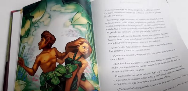 ** Libro abierto mostrando una ilustración de un hombre y una mujer en un entorno natural, junto a texto en español.