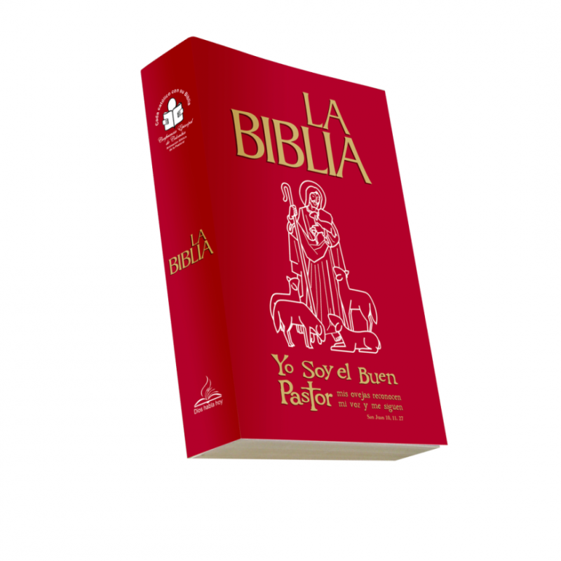 ** Imagen de una Biblia católica de cubierta roja con ilustraciones doradas.