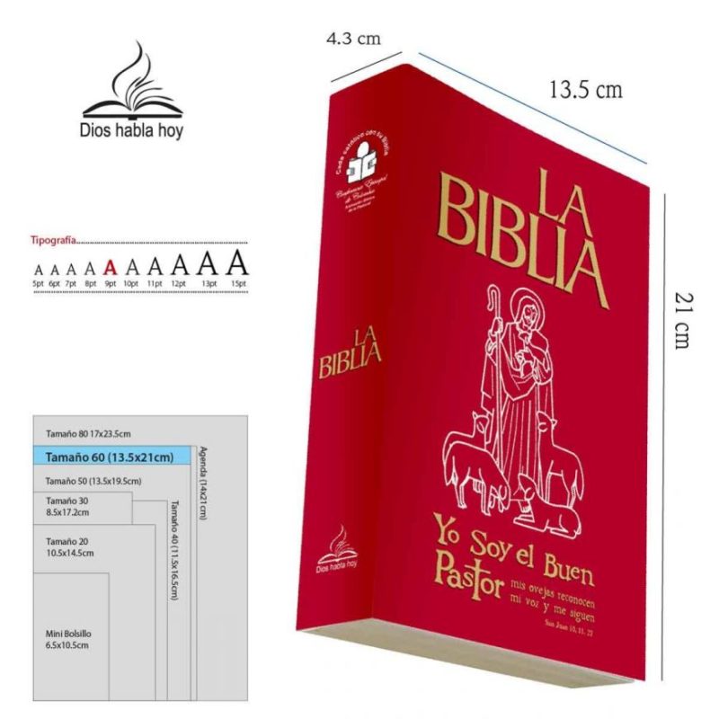 ** Imagen de una edición especial de "La Biblia" en español, con tapas rojas y detalles dorados. Las dimensiones del libro son 21 cm de alto, 13.5 cm de ancho y 4.3 cm de grosor. Incluye la frase "Yo Soy el Buen Pastor" en la portada.