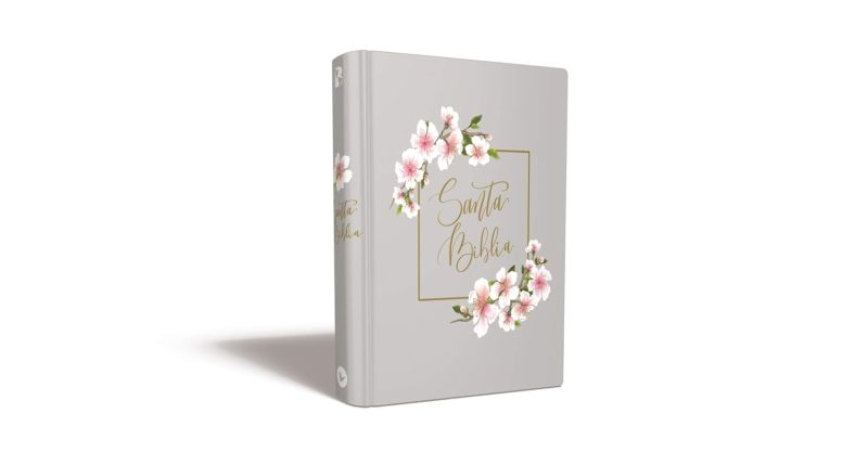 ** Tapa de una Biblia con diseño floral en tonos pastel sobre fondo gris.