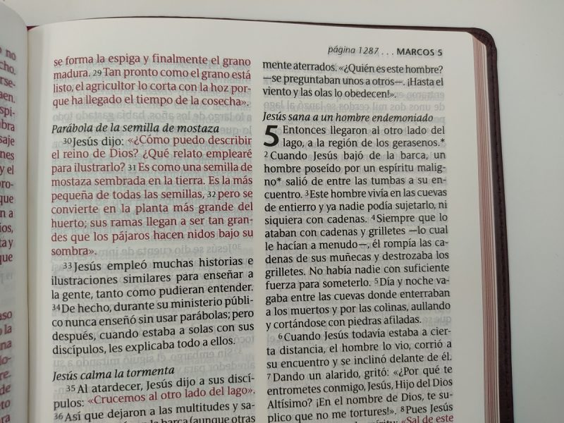 ** Página abierta del Evangelio de Marcos en una Biblia, mostrando el texto en color negro y rojo.