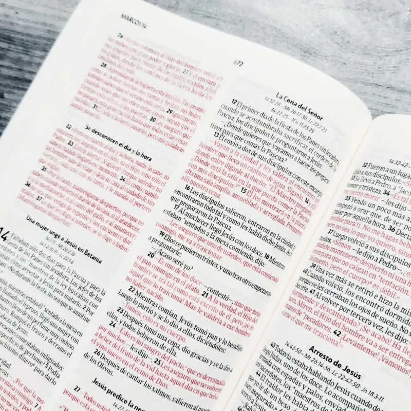 ** Página abierta de una Biblia con texto en negro y rojo