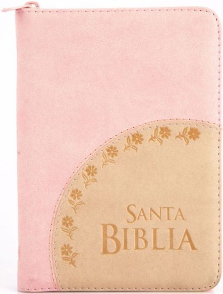 ** Biblia con cubierta suave en tonos rosa y beige con diseño floral.